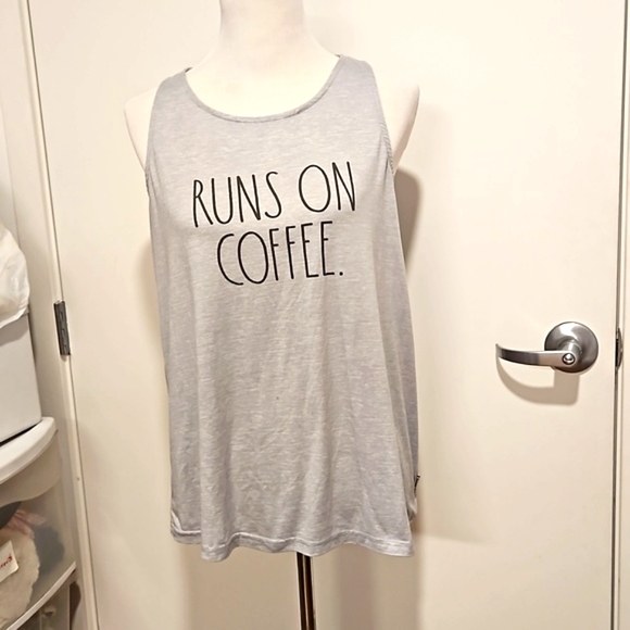 RAE DUNN Medium 'Runs on Coffee' gray racer tank EUC - Picture 3 of 7